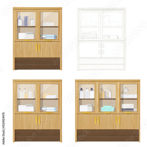 Stylish wooden cabinet with glass doors showcasing various storage items and a blank outline for versatile design use in modern home and office environments
