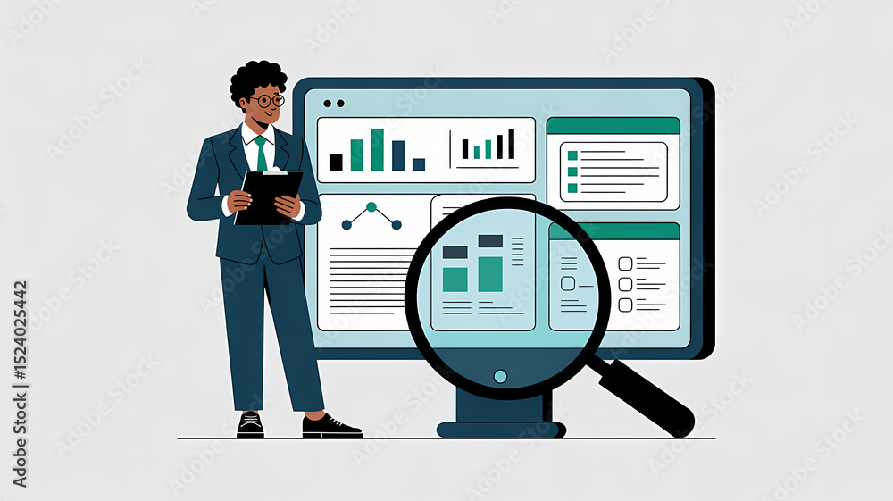 Fototapeta premium business man with a laptop presenting data on monitor with pointing on data analytics report