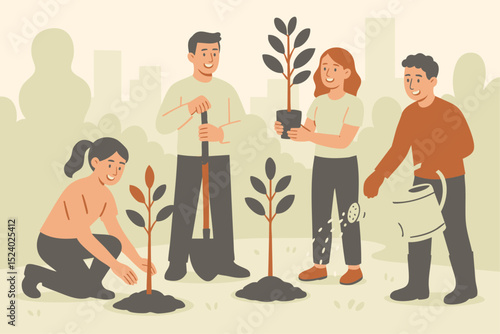 Vector illustration of a diverse group of people planting trees in an urban park. Great for community outreach and reforestation themes.