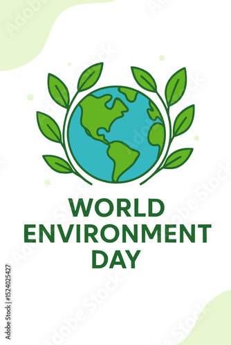 Simple vertical vector design for World Environment Day, featuring Earth and surrounding green leaves. Suitable for eco events and education.