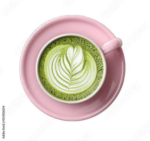 A top-down view of a matcha latte in a pink ceramic mug.  A latte art leaf design is visible on the frothy top