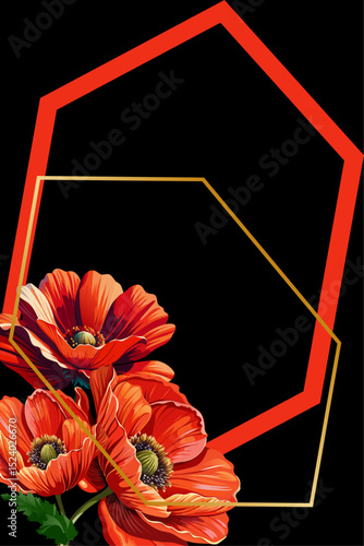 Red hexagonal frame with three red poppies on a black background with a gold frame.Isolated, close-up