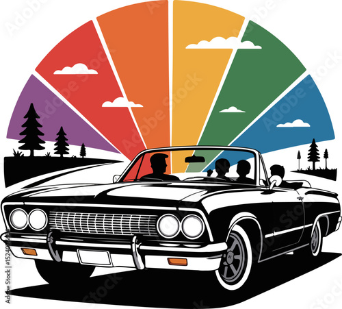 Scenic Car Ride: A classic convertible cruises along a scenic road with passengers, set against a backdrop of a vibrant, colorful sunset, evoking feelings of adventure and freedom.