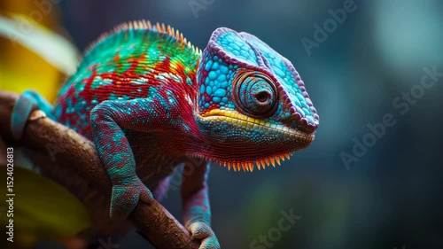 Colorful chameleon with vibrant hues perched on a branch, detailed macro shot