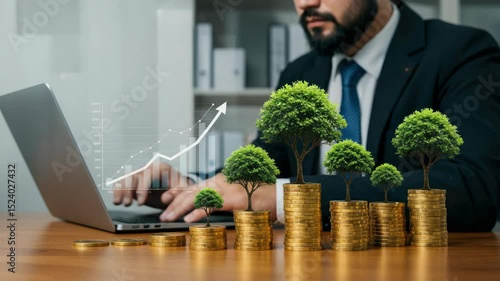 Businessperson working on laptop, stacks of coins with growing trees, growth chart overlay