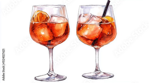 Vector illustration of two glasses with aperol spritz cocktail, watercolor on white background