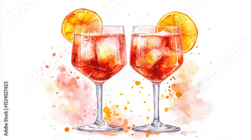 Vector illustration of two glasses with aperol spritz cocktail, watercolor on white background