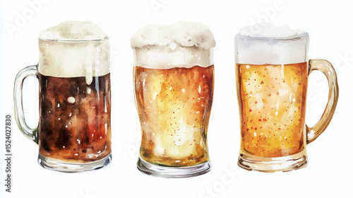 Vector illustration of three frozen mugs of beer, light and dark, watercolor on white background