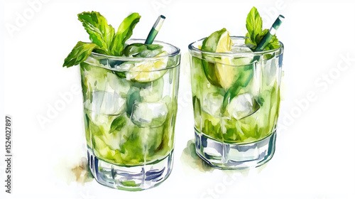 Vector illustration of two frozen mojito glasses with ice, watercolor on white background