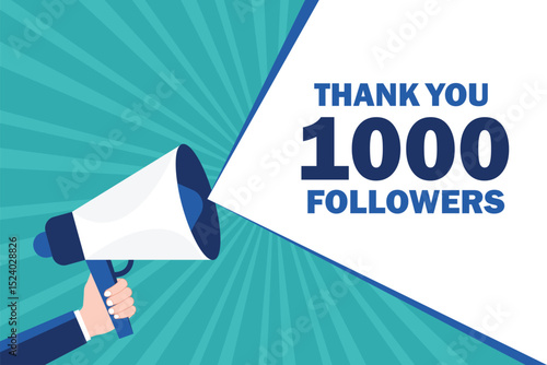 Hand holding Megaphone. Speech sign text Thank you 1000 followers