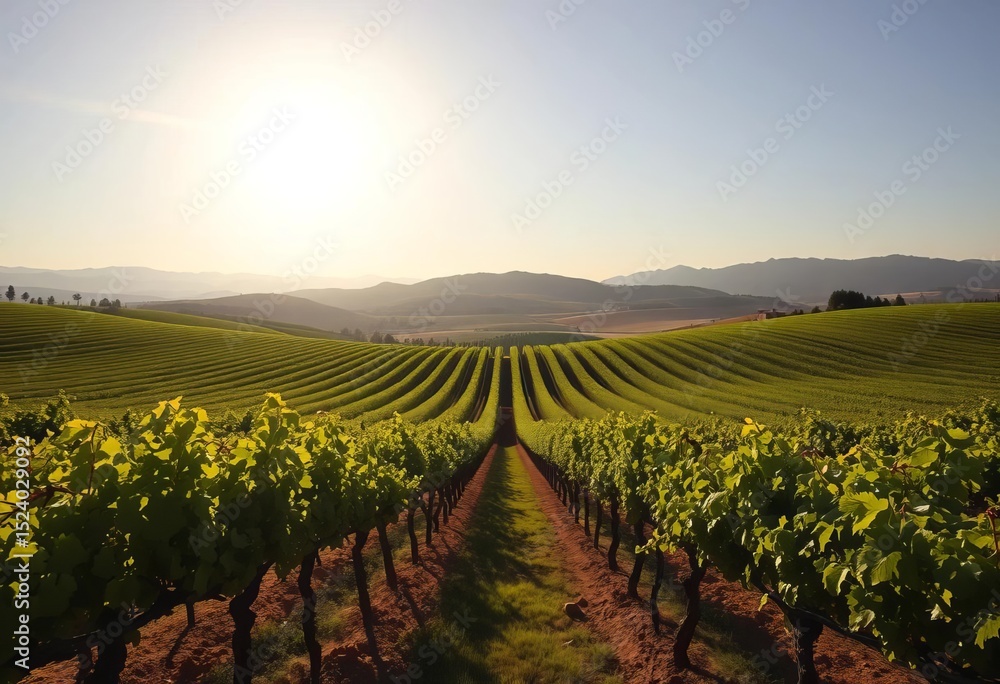 Fototapeta premium Sun-drenched rows of grapevines in Utiel-Requena, Spain's Mediterranean landscape, viticulture, vineyards