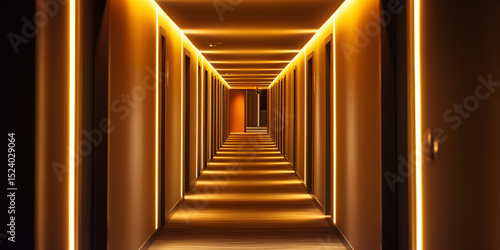  Modern corridor with warm LED lighting, Stylish hallway with soft lighting, Elegant hotel corridor with illuminated walls.