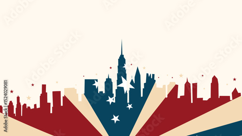 American City Skyline with Starburst and Flag Colors Radiating in Patriotic Celebration Theme
