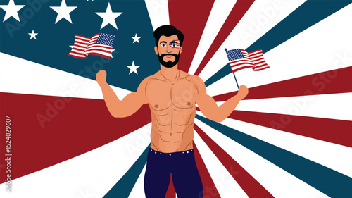 Shirtless Man Holding American Flags Celebrating United States Independence Day