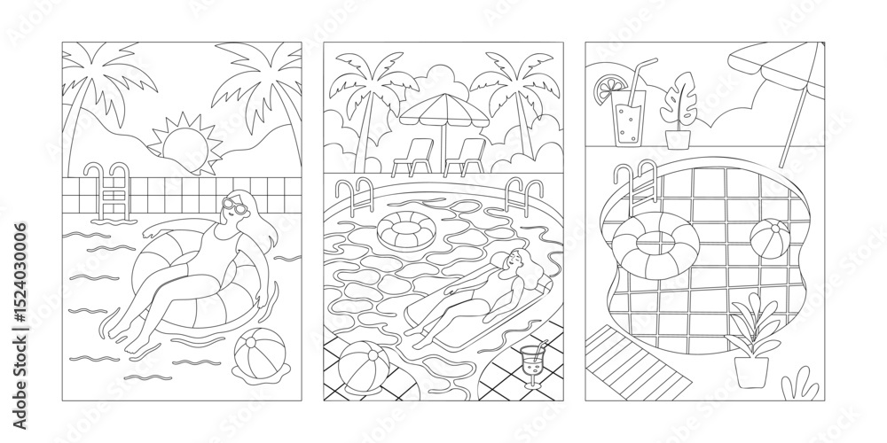 Obraz premium Black and white coloring page version of three summer scenes with pool, palm trees, woman, umbrella and beach ball for kids and relaxation use. Vector illustration