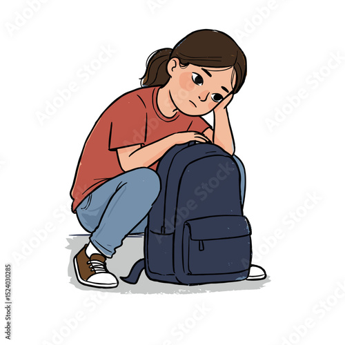 thoughtful young girl sitting on the floor next to a backpack with a pensive expression in a casual setting