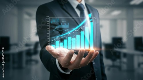 Businessperson holding a holographic chart showing growth