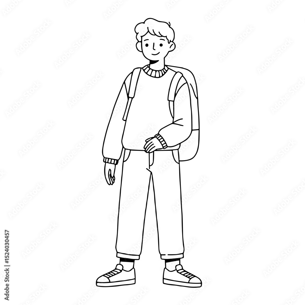 young boy with a backpack standing casually and smiling in a relaxed manner young boy with a backpack standing casually and smiling in a relaxed manner