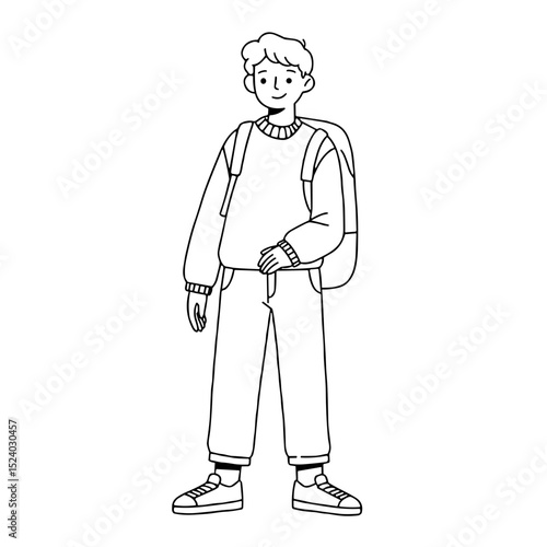 young boy with a backpack standing casually and smiling in a relaxed manner