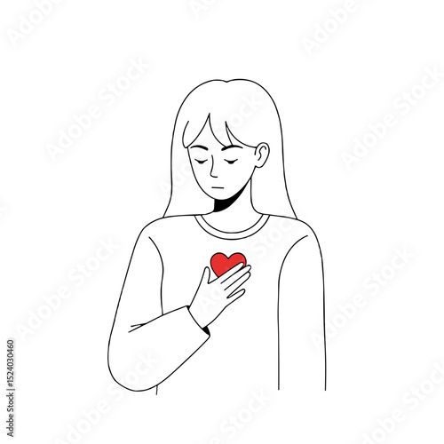 thoughtful girl placing hand on heart with a red heart symbol expressing emotion in a caring manner