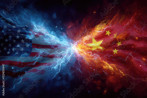 Electric clash between two national flags with blue and red energy sparks, symbolizing intense competition and conflict