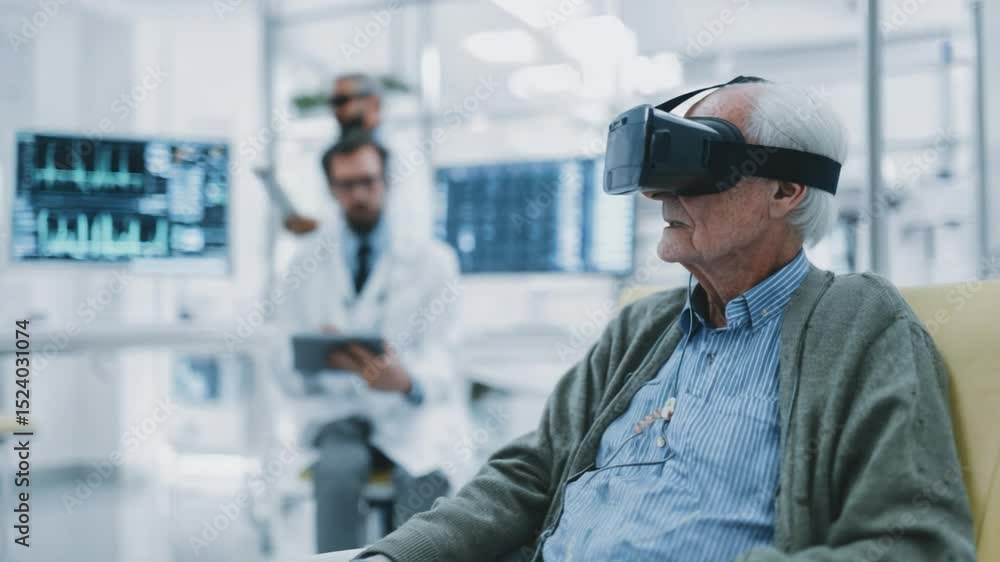 Virtual reality therapy: An elderly patient, immersed in virtual reality, undergoes a cutting-edge therapy session in a high-tech medical facility. Virtual reality therapy: An elderly patient, immersed in virtual reality, undergoes a cutting-edge therapy session in a high-tech medical facility.