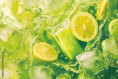 Lemon soda theme poster, cool, fresh atmosphere, splashes of juice and ice cubes, visually bright yellow and green colors, lemon slice elements, bubbles and condensation enhance the freshness