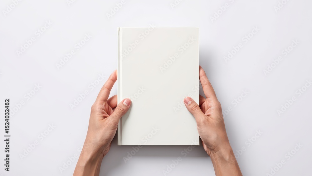 Obraz premium Hands Holding a Blank White Book Cover on a Clean White Background Top View