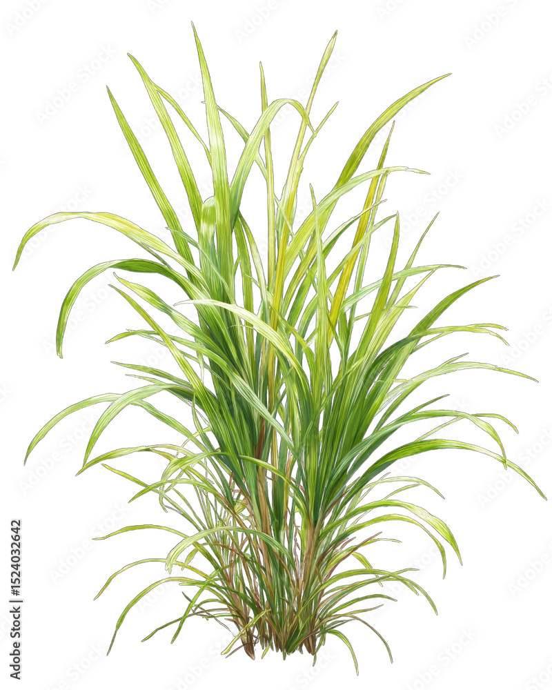 Fototapeta premium Lush, vibrant grass plant, light green and yellow tones, with long blades radiating outwards