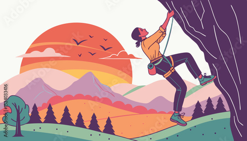Rock climber scaling cliff sunset vibrant landscape adventure outdoors colorful background sports action scene
