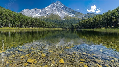 clear lake water with mountain and green trees landscape HD 8k wallpaper photographic image