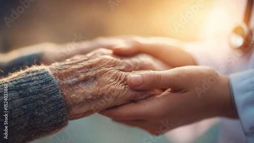 Human Touch of Comfort: A touching scene of hands clasped together, a young doctor's hands gently supporting an older person's, symbolizing care, empathy, and connection.