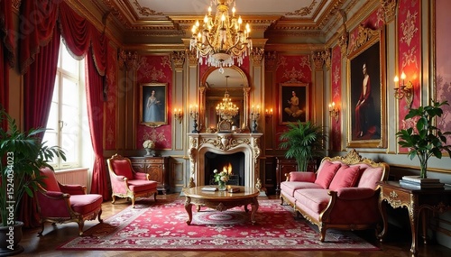 A lavishly decorated interior showcases opulent furniture, glittering chandeliers, and excessive ornamentation, highlighting a style of extreme showiness , rich, bright, sparkling