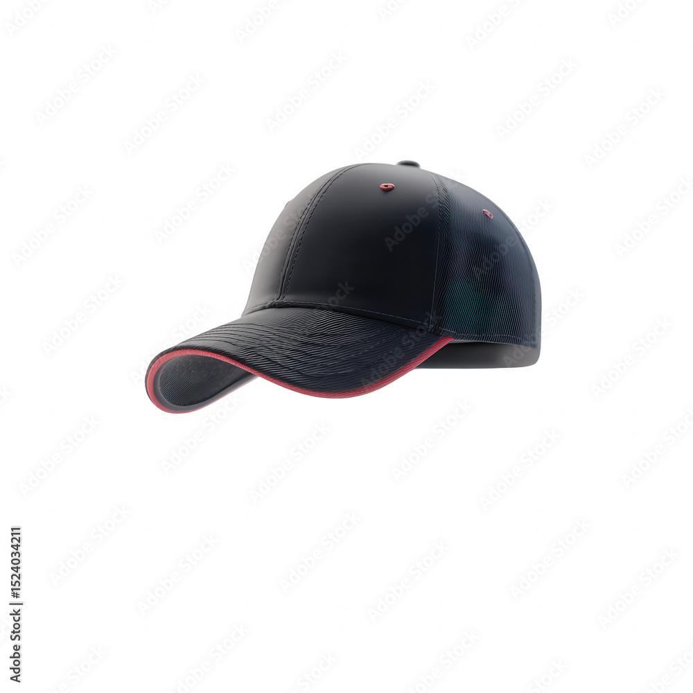Obraz premium Stylish black cap with red accents, perfect for casual outings or sports. Ideal for providing shade and adding a trendy touch to any outfit.