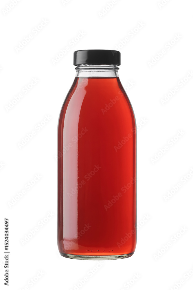 Glass bottle filled with red cherry juice isolated on transparent background for packaging and branding. Glass bottle filled with red cherry juice isolated on transparent background for packaging and branding.