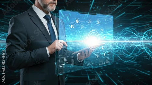 Businessman interacts with a futuristic holographic tablet displaying data and icons