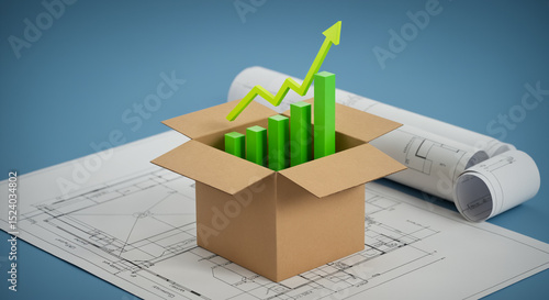 3D Green bar graph emerging from a cardboard box on architectural blueprints