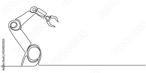 One continuous single drawing black line art doodle of robotic arm Industrial, representing automation and AI, Robotic Arm Single Line Icon, Robotic arms or industry manipulator positioned continuous