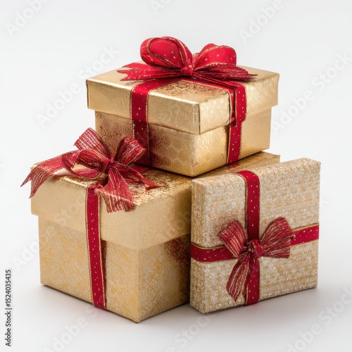 A Stack of Gold Christmas Gift Boxes Decorated with Ribbons