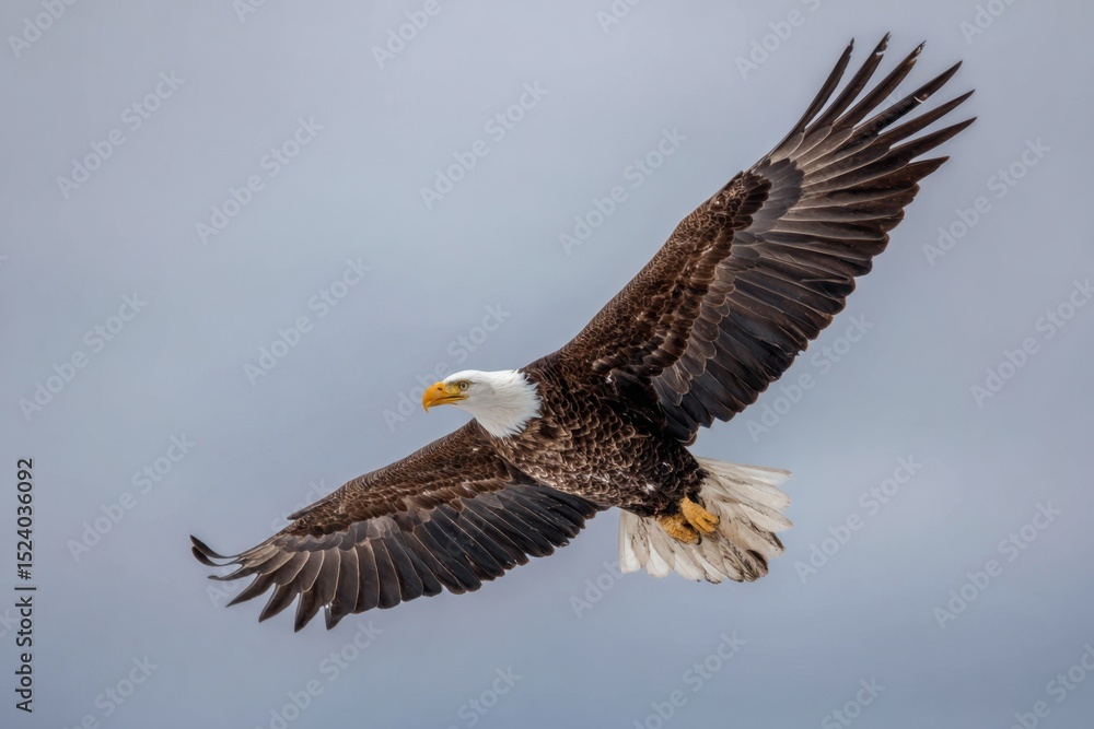 Fototapeta premium A Majestic Bald Eagle Flying High Against the Cloudy Sky