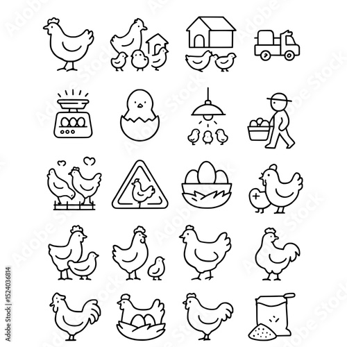 Chicken farming icons set line art illustration