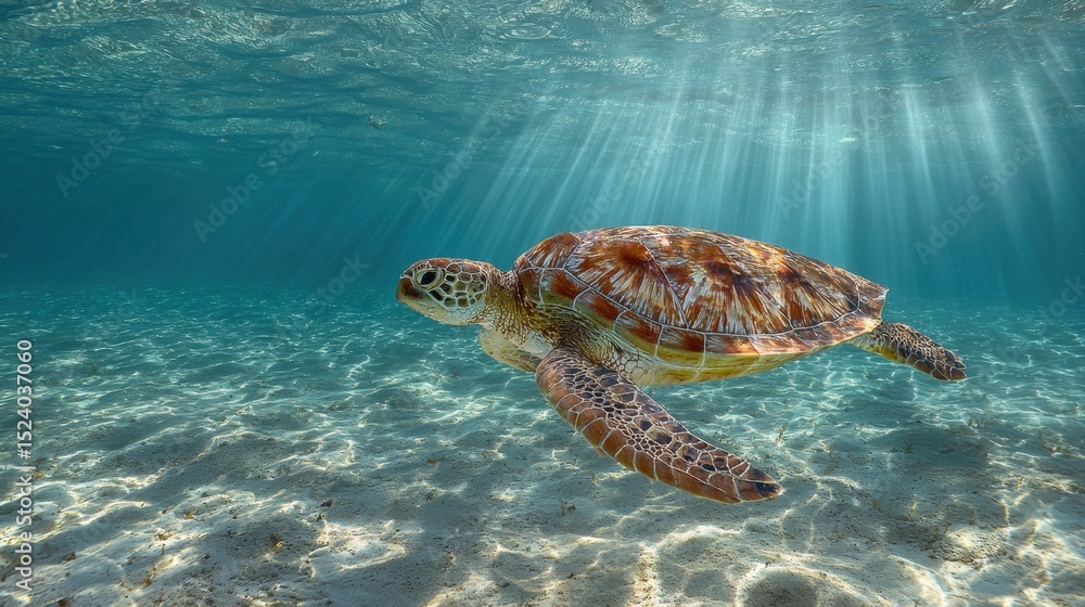 Obraz premium Sea Turtle Swimming Gracefully in Beautiful Clear Blue Ocean Waters