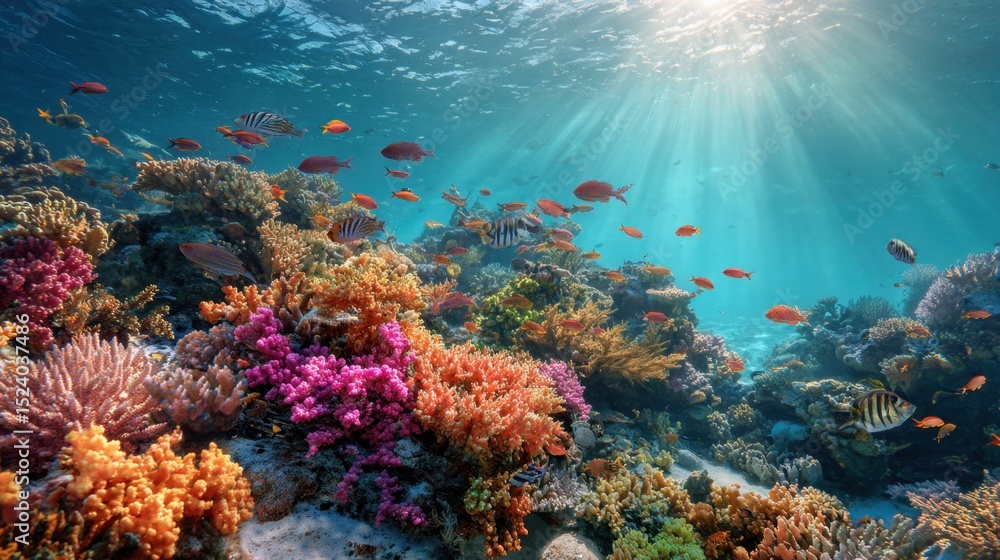 Naklejka premium Vibrant Coral Reef Underwater Ecosystem With Various Species And Textures