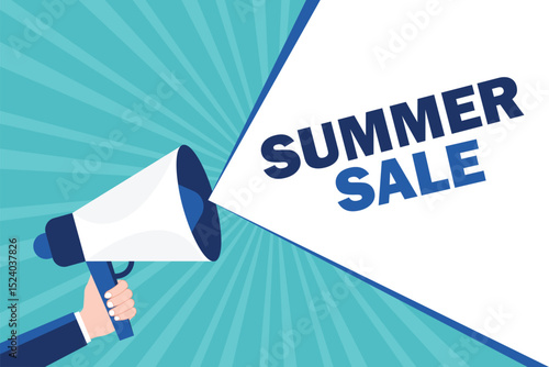 Hand holding megaphone with summer sale speech bubble
