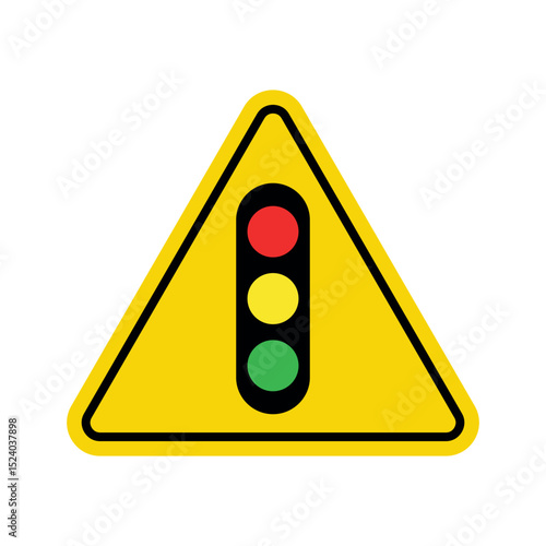 yellow triangular warning sign with traffic light symbol in red, yellow, green