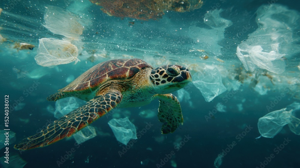 Fototapeta premium Marine Life Suffocation Problem Sea Turtle In Plastic Pollution Crisis