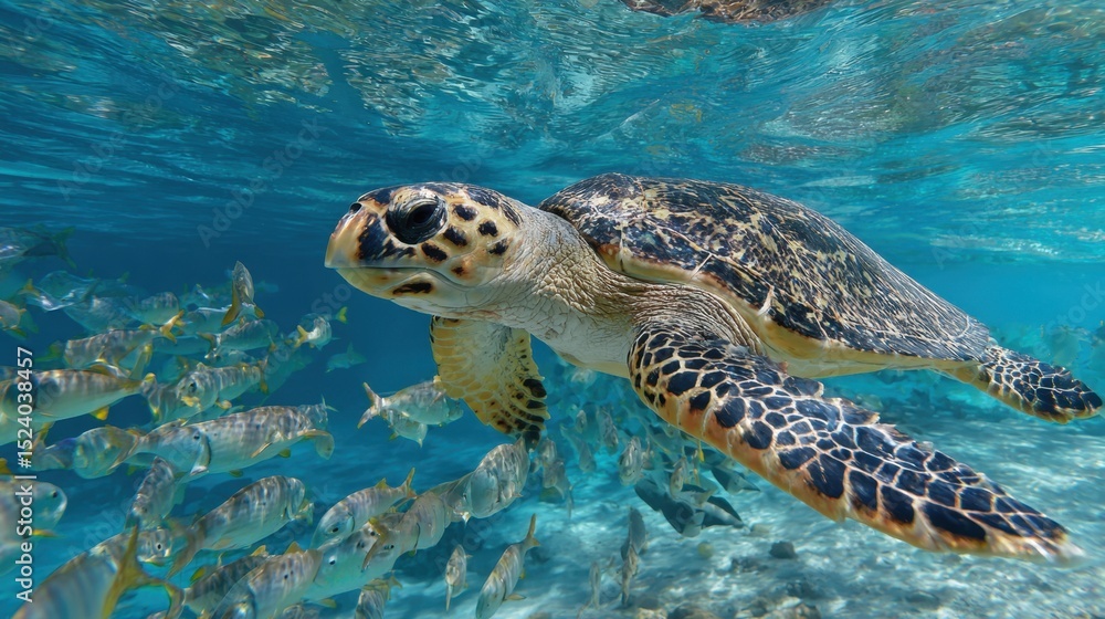 Fototapeta premium Swimming With Sea Turtle Among School Of Fish Undersea World