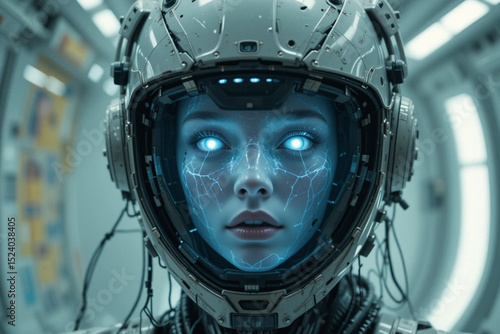 A holographic face of a female spirit appearing inside a broken android helmet, wires floating in zero gravity