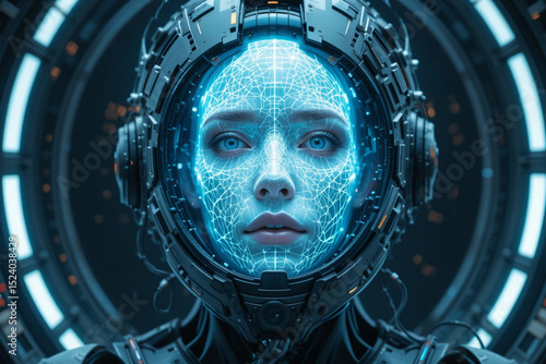 A holographic face of a female spirit appearing inside a broken android helmet, wires floating in zero gravity