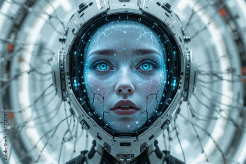 A holographic face of a female spirit appearing inside a broken android helmet, wires floating in zero gravity